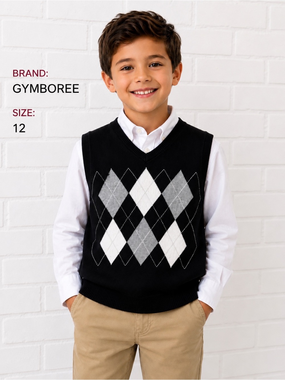 Gymboree Boys Argyle Sweater Vest Size 12 Black Gray White V-Neck Cotton Preppy